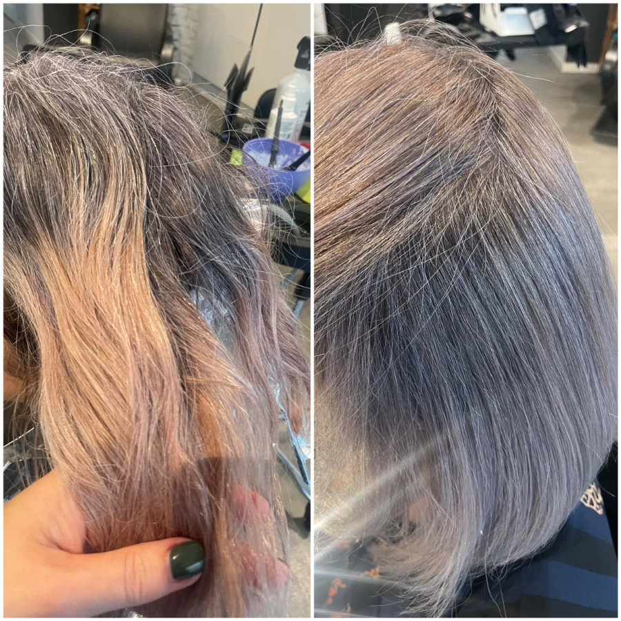 Greyblending Vorher-Nachher bei Frau, deren blond gefärbte Haare am Ansatz schon deutlich grau geworden sind. Umgesetzt von Anja Kieselbach - Friseur Berlin Mitte